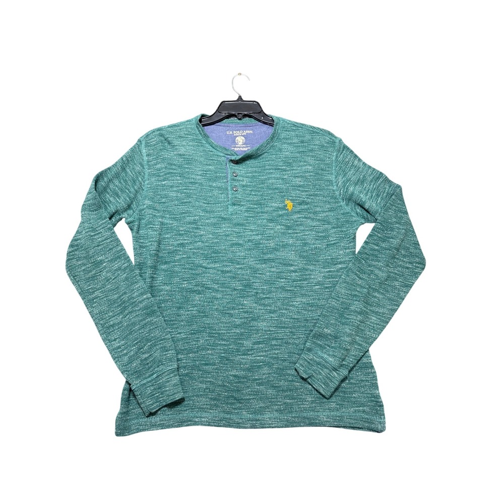 U.S. Polo Assn. Henley Shirt Mens Medium Green Excellent Long Sleeve Slub Knit